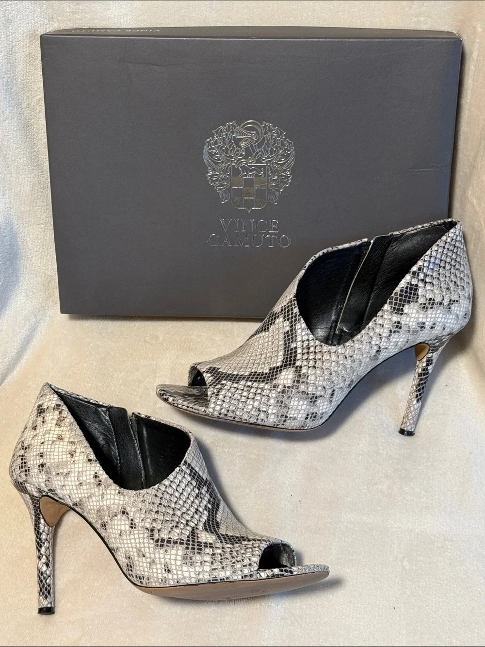 Vince Camuto Careeta Black and White Python Peep-Toe Stiletto Booties, Sz 9